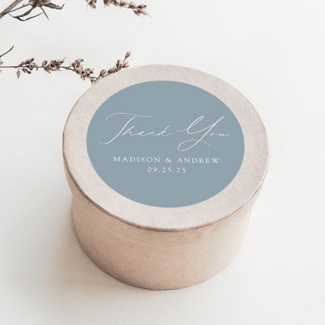 Modern Elegant Dusty Blue Wedding Thank You Classic Round Sticker (Creator Uploaded)