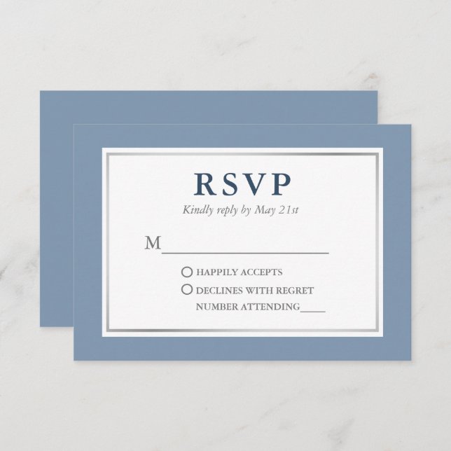 Modern Elegant Dusty Blue White Silver RSVP Card (Front/Back)