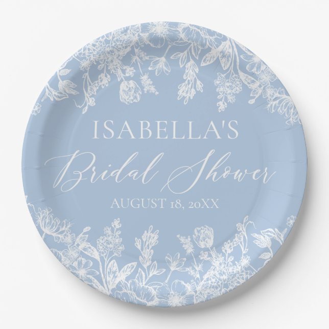 Modern Elegant Dusty Blue Wildflower Bridal Shower Paper Plate (Front)