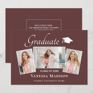 Modern   Elegant Dusty Rose 3 Photo Graduation Announcement