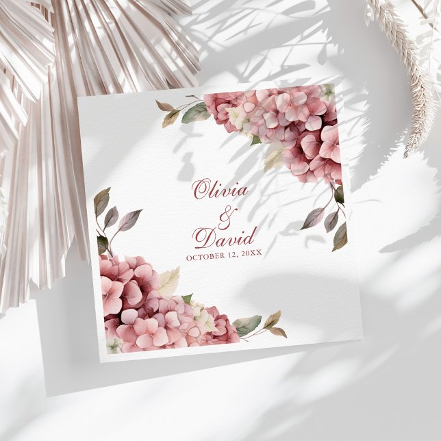 Modern Elegant Dusty Rose Hydrangea Wedding  Napkin (Modern Elegant Dusty Rose Hydrangea Wedding Paper Dinner Napkins on a sunny white table.)