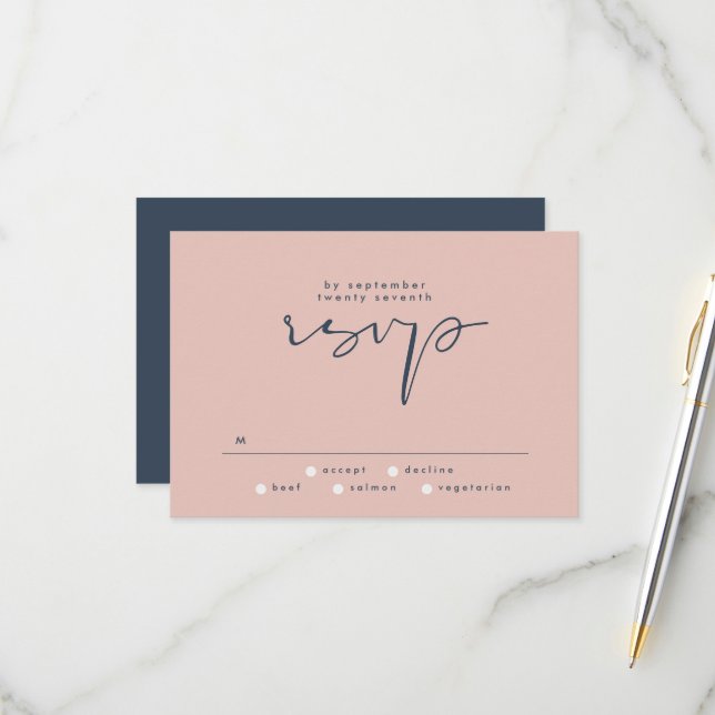 Modern Elegant Dusty Rose Navy Blue Wedding RSVP Card (Front/Back In Situ)