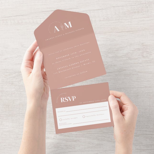 Modern Elegant Dusty Rose Wedding All In One Invitation (Tearaway)