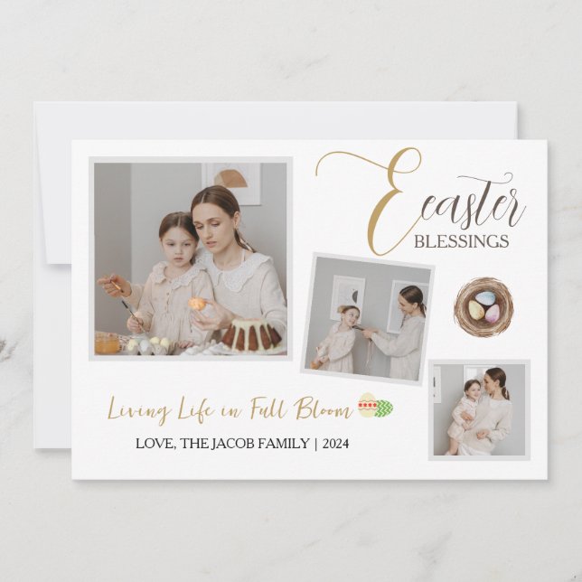 Modern Elegant Easter Blessings Script 3 Photo Holiday Card (Front)