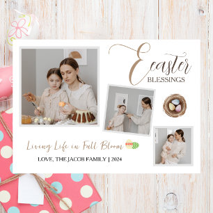 Modern Elegant Easter Blessings Script 3 Photo Holiday Card