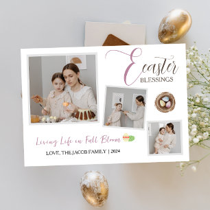 Modern Elegant Easter Blessings Script 3 Photo Holiday Card