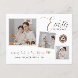Modern Elegant Easter Blessings Script 3 Photo Holiday Postcard