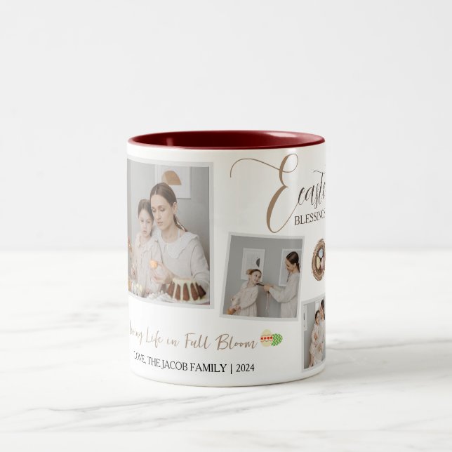 Modern Elegant Easter Blessings Script 3 Photo Two-Tone Coffee Mug (Center)