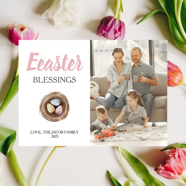 Modern Elegant Easter Blessings Script Photo Holiday Card (Creator Uploaded)