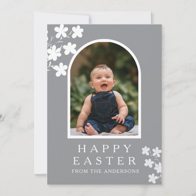Modern Elegant Easter Family Photo Floral & Arch Holiday Card (Front)