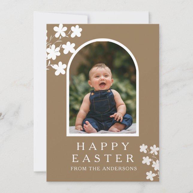 Modern Elegant Easter Family Photo Floral & Arch Holiday Card (Front)