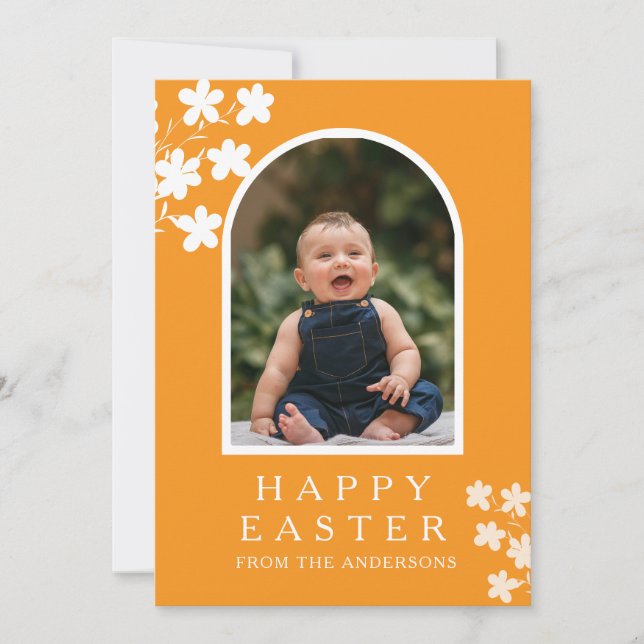Modern Elegant Easter Family Photo Floral & Arch Holiday Card (Front)