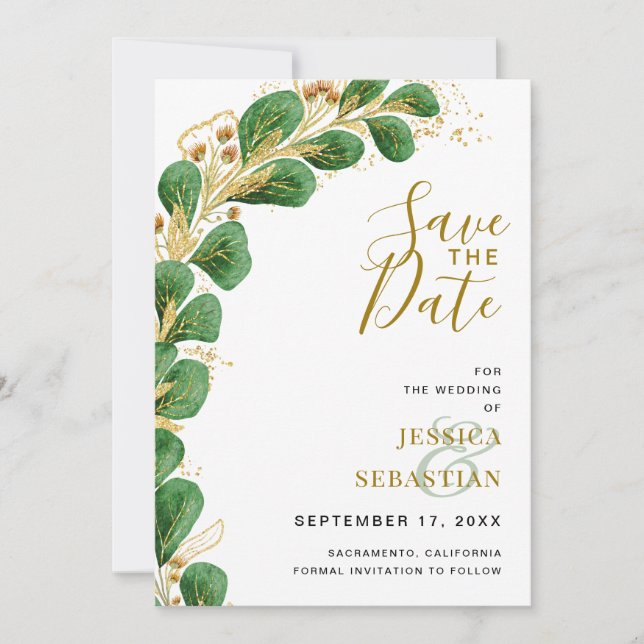 Modern Elegant Emerald Green and Gold Eucalyptus Save The Date (Front)