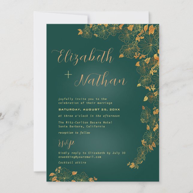 Modern Elegant Emerald Green Gold Floral Wedding  Invitation (Front)