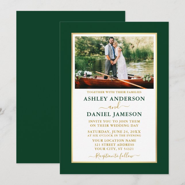 Modern Elegant Emerald Green Gold Wedding Invitation (Front/Back)