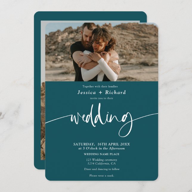 Modern elegant emerald green wedding script photos invitation (Front/Back)