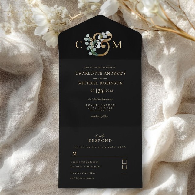 Modern Elegant Eucalyptus Ampersand Wedding All In One Invitation (Modern Elegant Eucalyptus Wedding All In One Invitation)