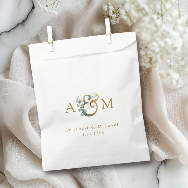 Modern Elegant Eucalyptus Ampersand Wedding Favour Bags (Modern, elegant eucalyptus ampersand wedding favor bag with your names and date.)