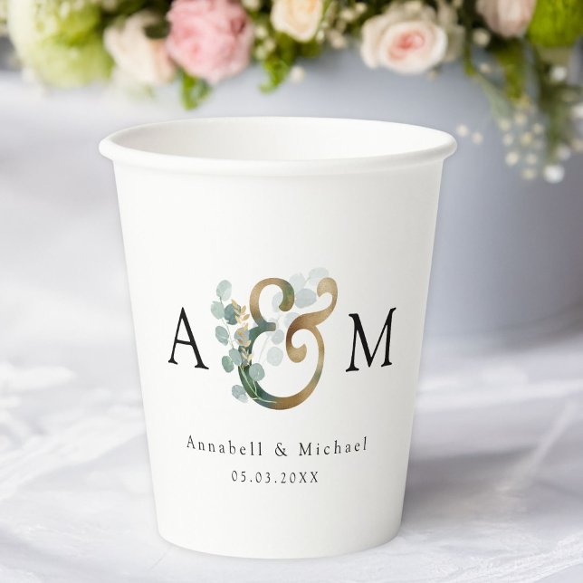 Modern Elegant Eucalyptus Ampersand Wedding Paper Cups (Modern, elegant eucalyptus ampersand wedding paper cups with your names and date.)