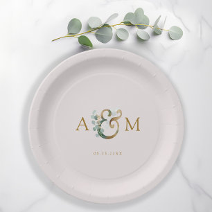Modern, elegant eucalyptus ampersand wedding  paper plate