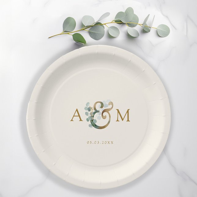 Modern, elegant eucalyptus ampersand wedding  paper plate (Creator Uploaded)