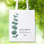 Modern Elegant Eucalyptus Family Reunion  Reusable Grocery Bag<br><div class="desc">This Family Reunion Reusable Grocery Bag is decorated with elegant typography and a stylish watercolor eucalyptus sprig.
Easily customizable.
Use the Design Tool to change the text size,  style,  or color.
Because we create our artwork you won't find this exact image from other designers.
Original Watercolor © Michele Davies.</div>
