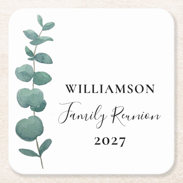 Modern Elegant Eucalyptus Family Reunion Square Paper Coaster (Front)