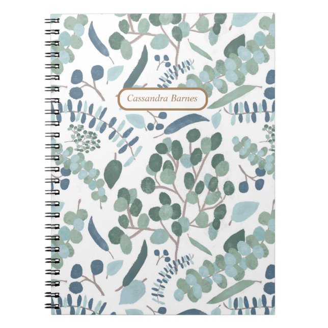 Modern Elegant Eucalyptus Foliage Name Spiral Notebook (Front)