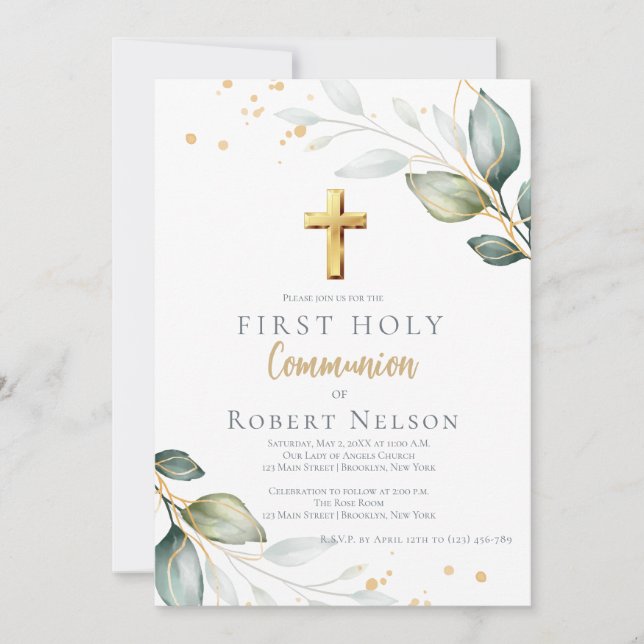 Modern Elegant Eucalyptus Gold First Communion  Invitation (Front)