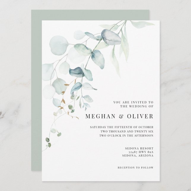 Modern Elegant Eucalyptus Greenery Invitation (Front/Back)