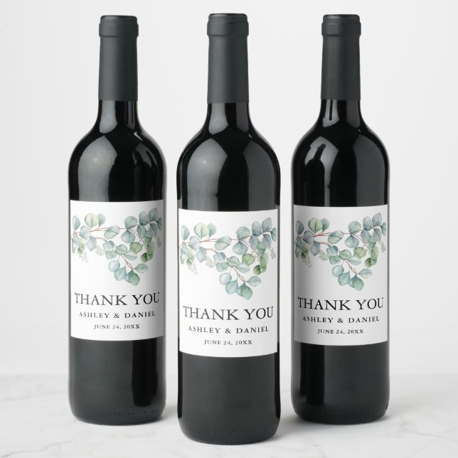 Modern Elegant Eucalyptus Greenery Wedding Wine Label (Bottles)