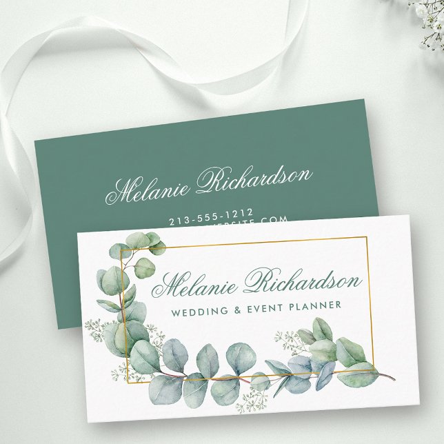 Modern Elegant Eucalyptus Leaves Gold Frame Business Card (Customize to change text size, text style or color of back of card.)