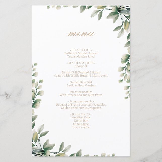 Modern elegant eucalyptus leaves wedding menu (Front)