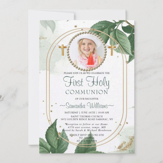 Modern Elegant Eucalyptus Photo First Communion Invitation (Front)