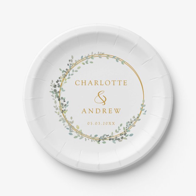 Modern, elegant eucalyptus wedding  paper plate (Front)