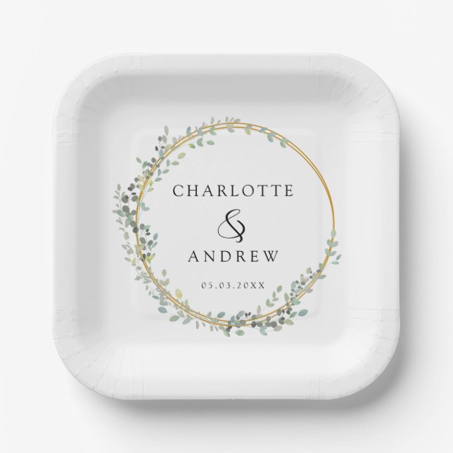 Modern, elegant eucalyptus wedding  paper plate (Front)
