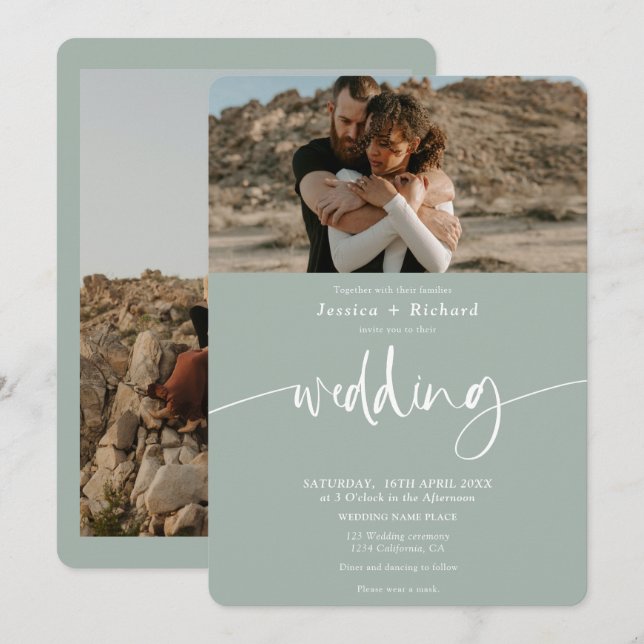 Modern elegant eucalyptus wedding script photos  invitation (Front/Back)