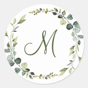 Modern Elegant Eucalyptus Wreath MONOGRAM Boho Classic Round Sticker