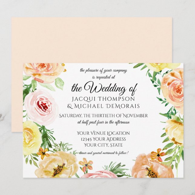 Modern Elegant Fall Leaf Watercolor Floral Wreath Invitation (Front/Back)