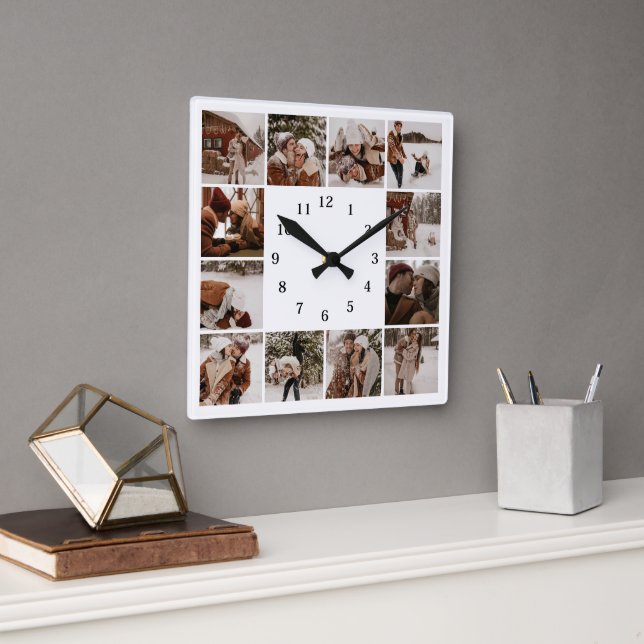 Modern Elegant Family 12 Photo Collage Keepsake Square Wall Clock (Office)