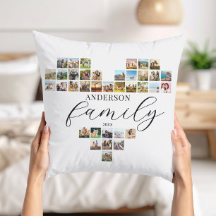 Modern Elegant Family Heart Shaped Photo Collage Cushion