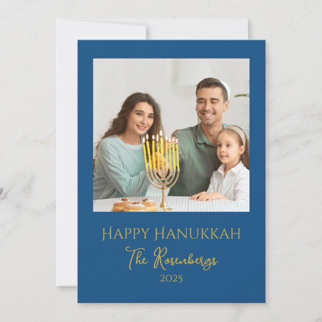 Modern Elegant Family Photo Hanukkah Holiday Card (Front)