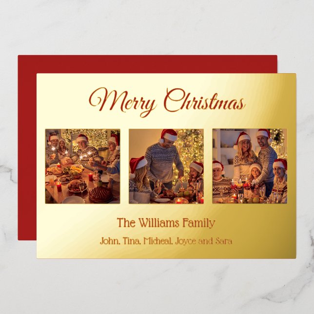 Modern Elegant Family Photo Merry Christmas Foil Holiday Card (Front/Back)