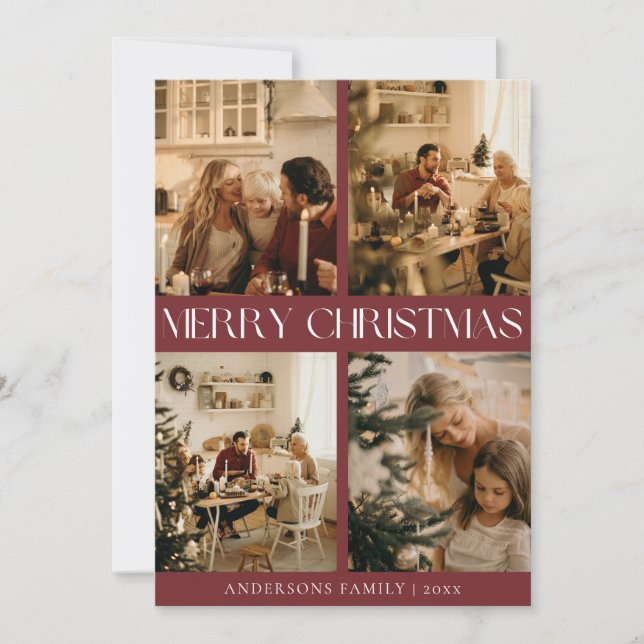 Modern Elegant Family Photo Red Minimal Christmas Holiday Card (Front)