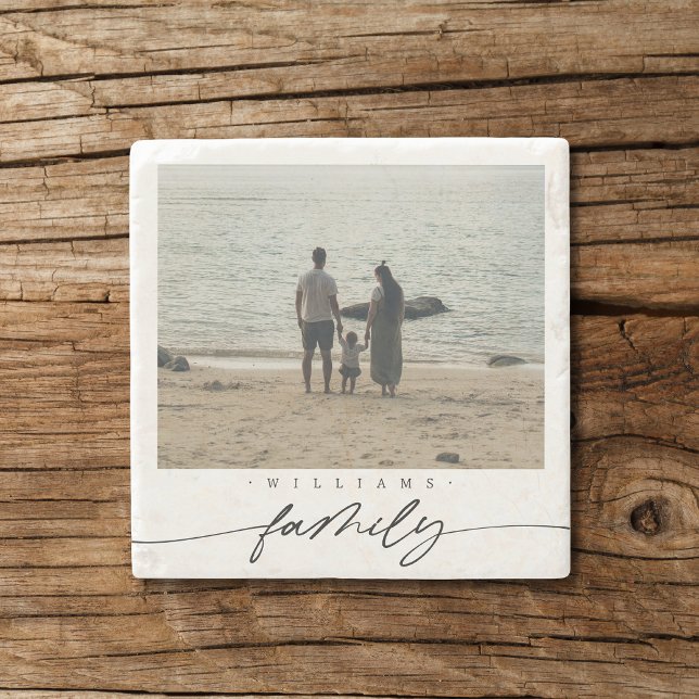 Modern Elegant Family Photo Script Typography Stone Coaster (Creator Uploaded)