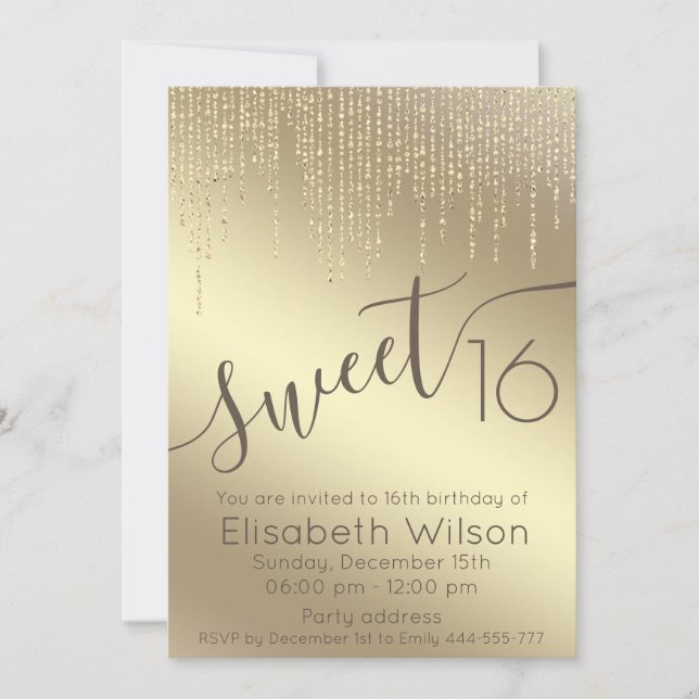 Modern elegant  fancy gold script sweet 16 invitation (Front)