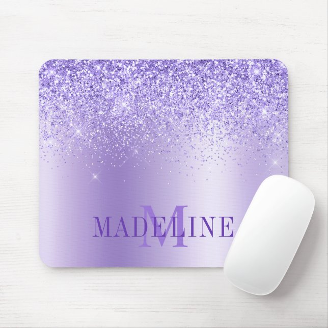 Modern Elegant Fashionable Monogram Purple Glitter Mouse Mat (With Mouse)