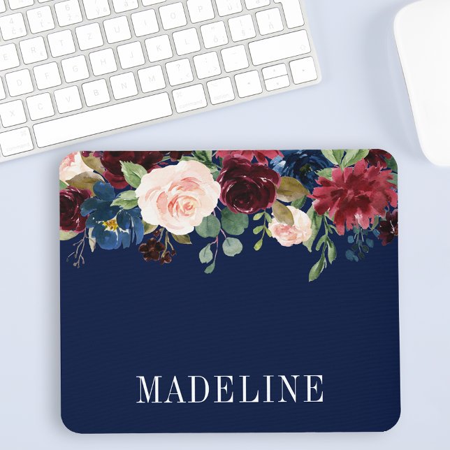 Modern Elegant Fashionable Watercolor Floral Mouse Mat (Customize to change text size, color or text style.)