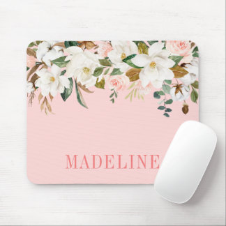 Modern Elegant Fashionable Watercolor Magnolias Mouse Mat