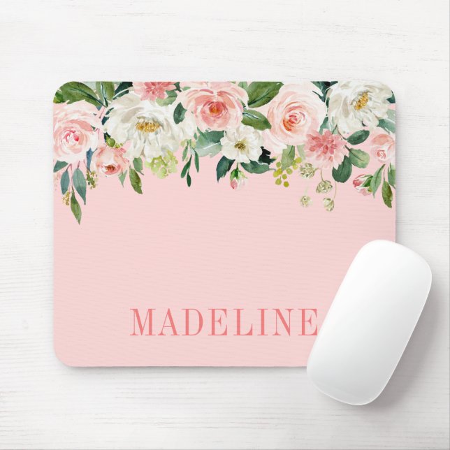 Modern Elegant Fashionable Watercolor Pink Floral Mouse Mat (With Mouse)